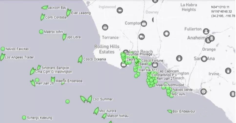 洛杉磯長灘港外超43萬teu貨物等待卸