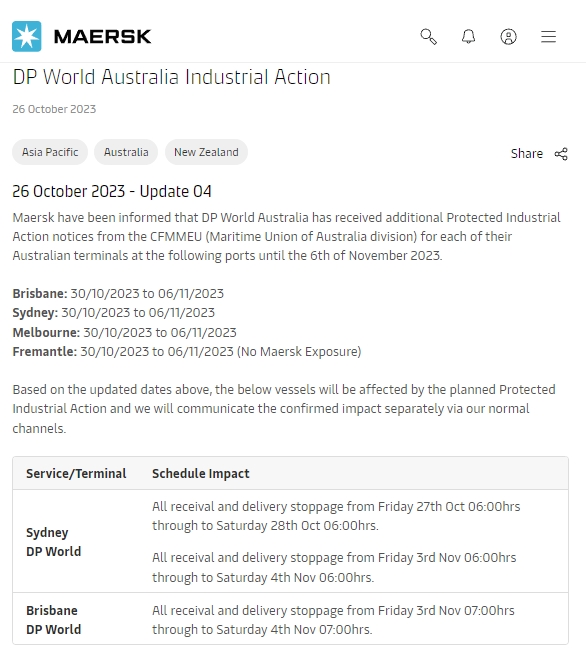 澳洲大罷工！馬士基：物流嚴(yán)重延